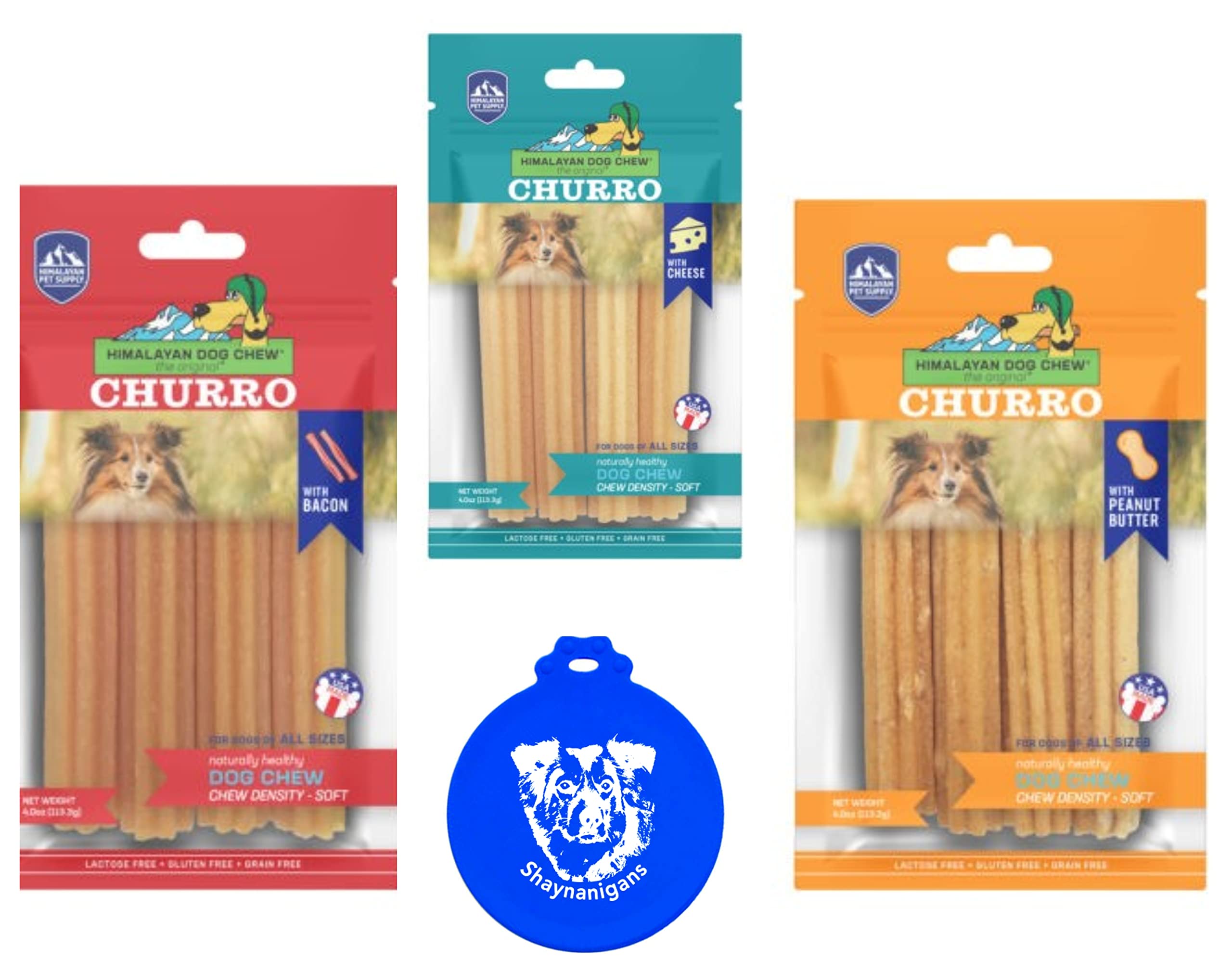 Himalayan Pet Supply Churro Dog Chew Treats in 3 Flavor Variety Bundle: (1) Cheese (1) Cheese W/Peanut Butter & (1) Cheese W/Bacon (3 Bags Total 4 Sticks per Bag 12 Sticks Total) + Silicone Lid