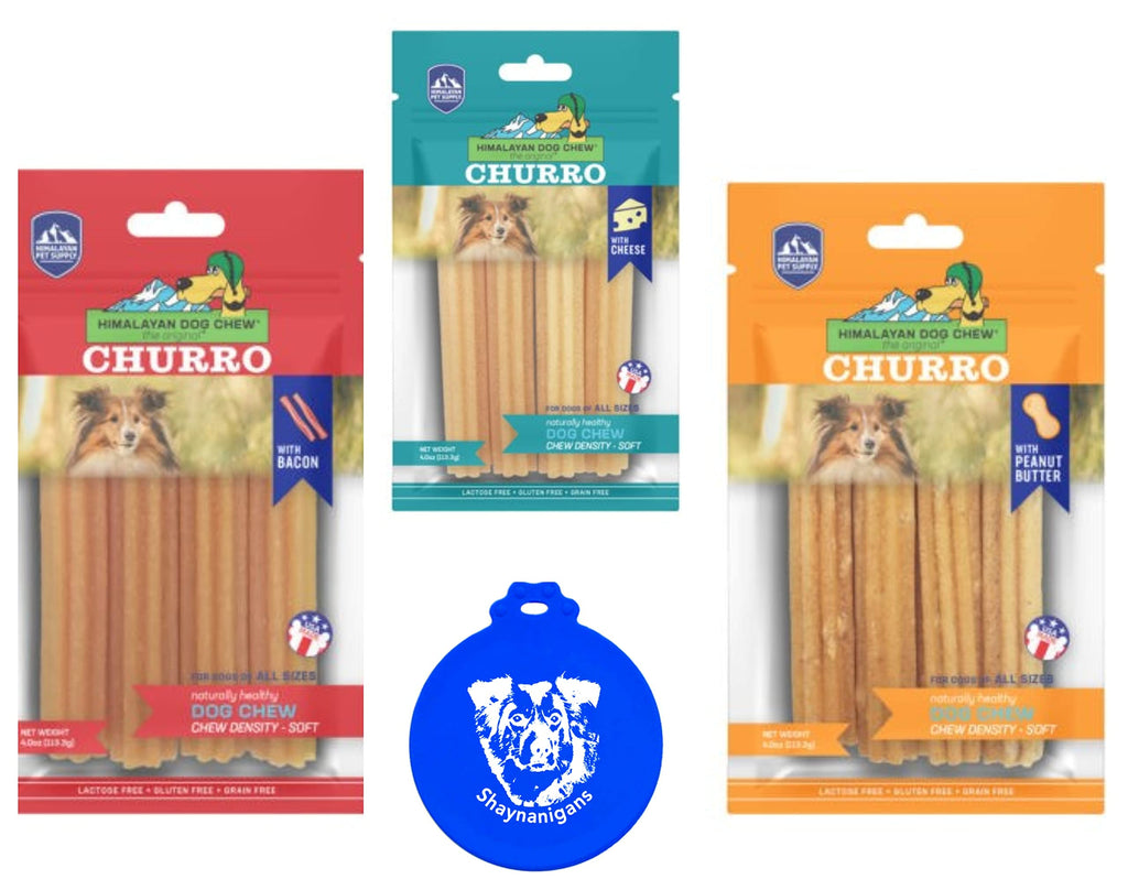 Himalayan Pet Supply Churro Dog Chew Treats in 3 Flavor Variety Bundle: (1) Cheese (1) Cheese W/Peanut Butter & (1) Cheese W/Bacon (3 Bags Total 4 Sticks per Bag 12 Sticks Total) + Silicone Lid